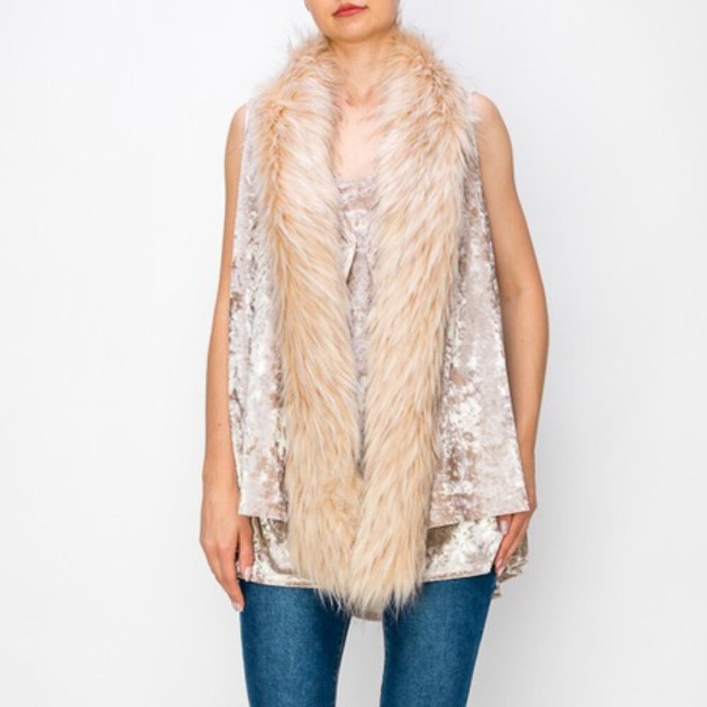 Origami by Vivien Light Taupe Velvet Vest With Removable Faux Fur Collar